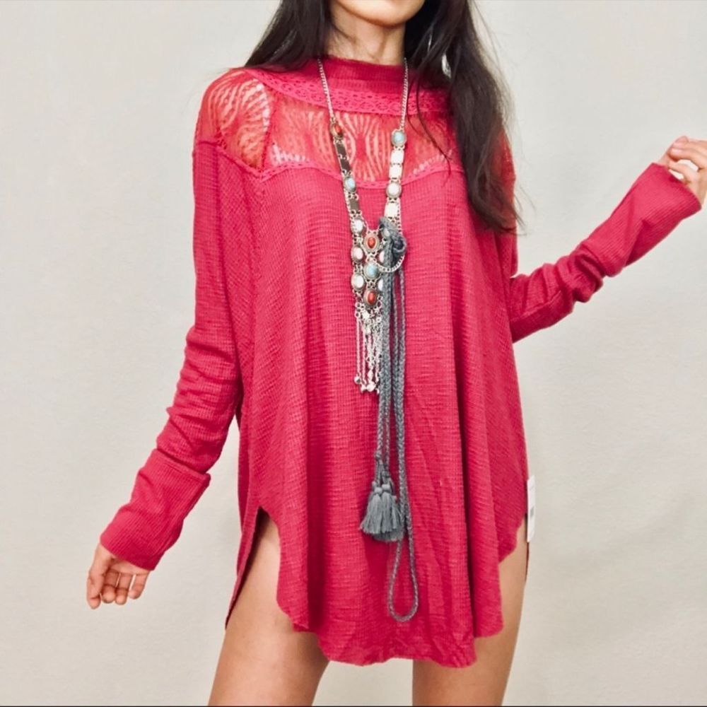 Free People Red Lacey Mock Neck Tunic - Picture 6 of 7